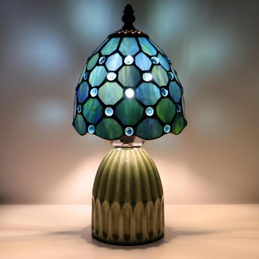 Tiffany Lamp Stained Glass Mushroom Table Lamps 6X6X12.5 Inch Sea Blue Pearl Style Small Night Light Ceramic Base Mini Accent Desk Light Suitable for Bedside Table Bedroom Children Room