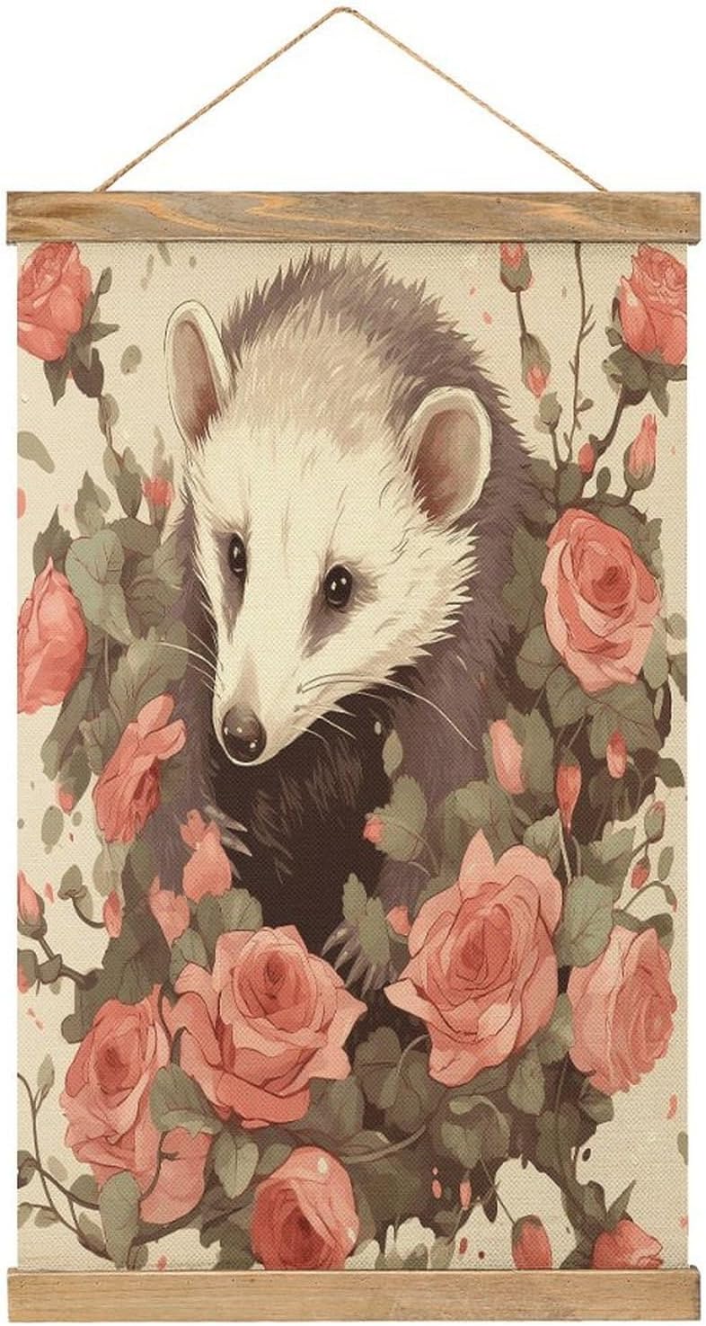 Vintage Opossum And Roses Poster with Wooden Frame Personalized Linen Hanging Scroll Painting Rustic Wall Hanging Illustrative Modern Artwork Decor for Home Living Room Bedroom Office