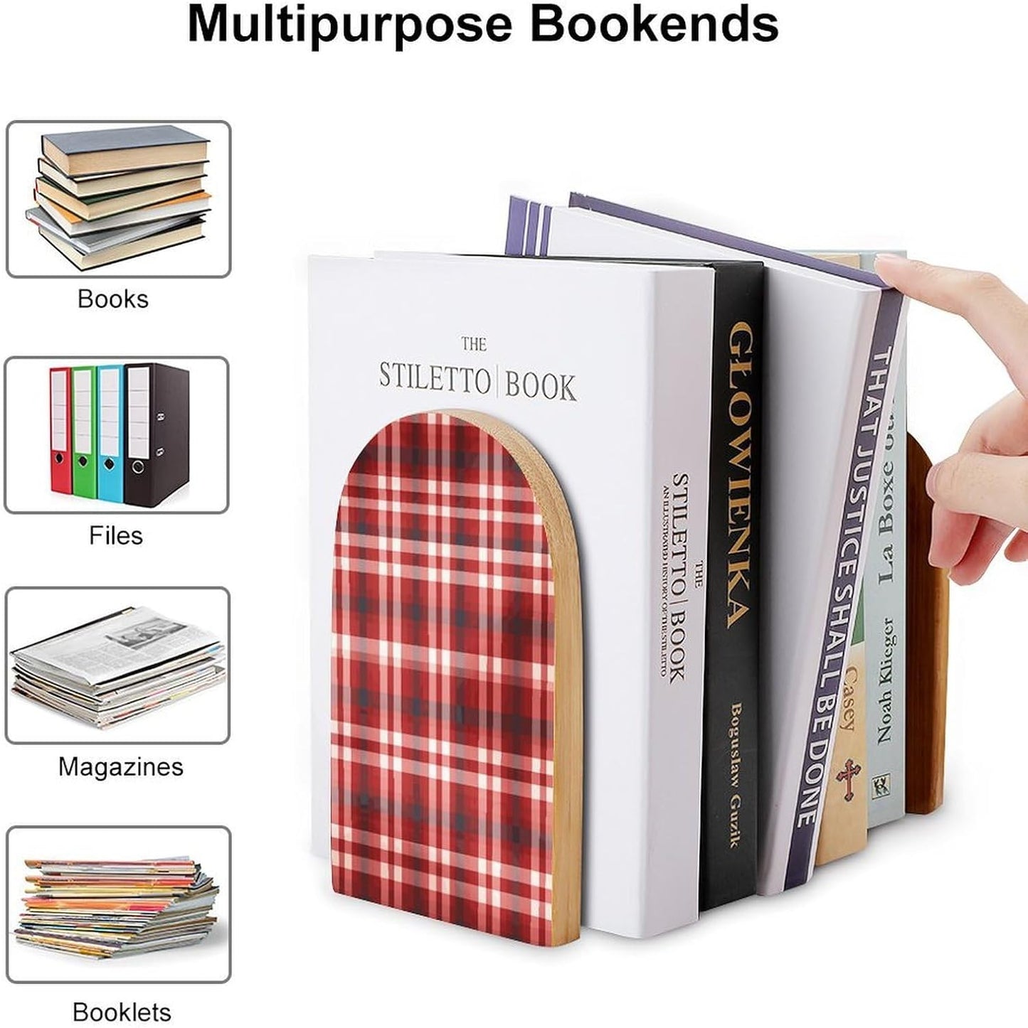Red Plaid Bookend for Shelves Wooden Book End Large Size Sturdy Book Holders Stoppers with Metal Base for Bookshelves Slick Decorative Bookends Stands
