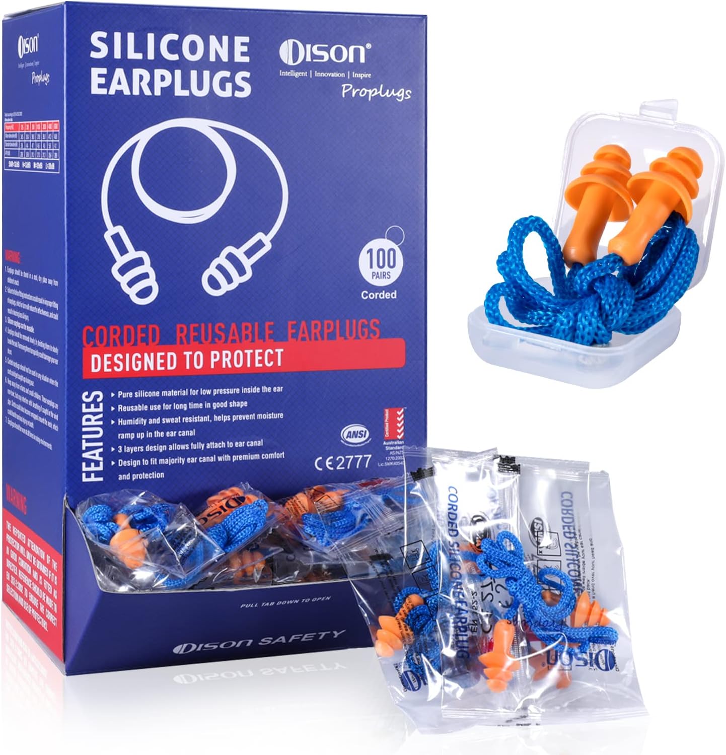Dison 100Pairs Silicone Ear Plugs, 32dB Corded Reusable Earplugs for Hearing Protection, Noise Reduction for Shooting Range, Work, Travel