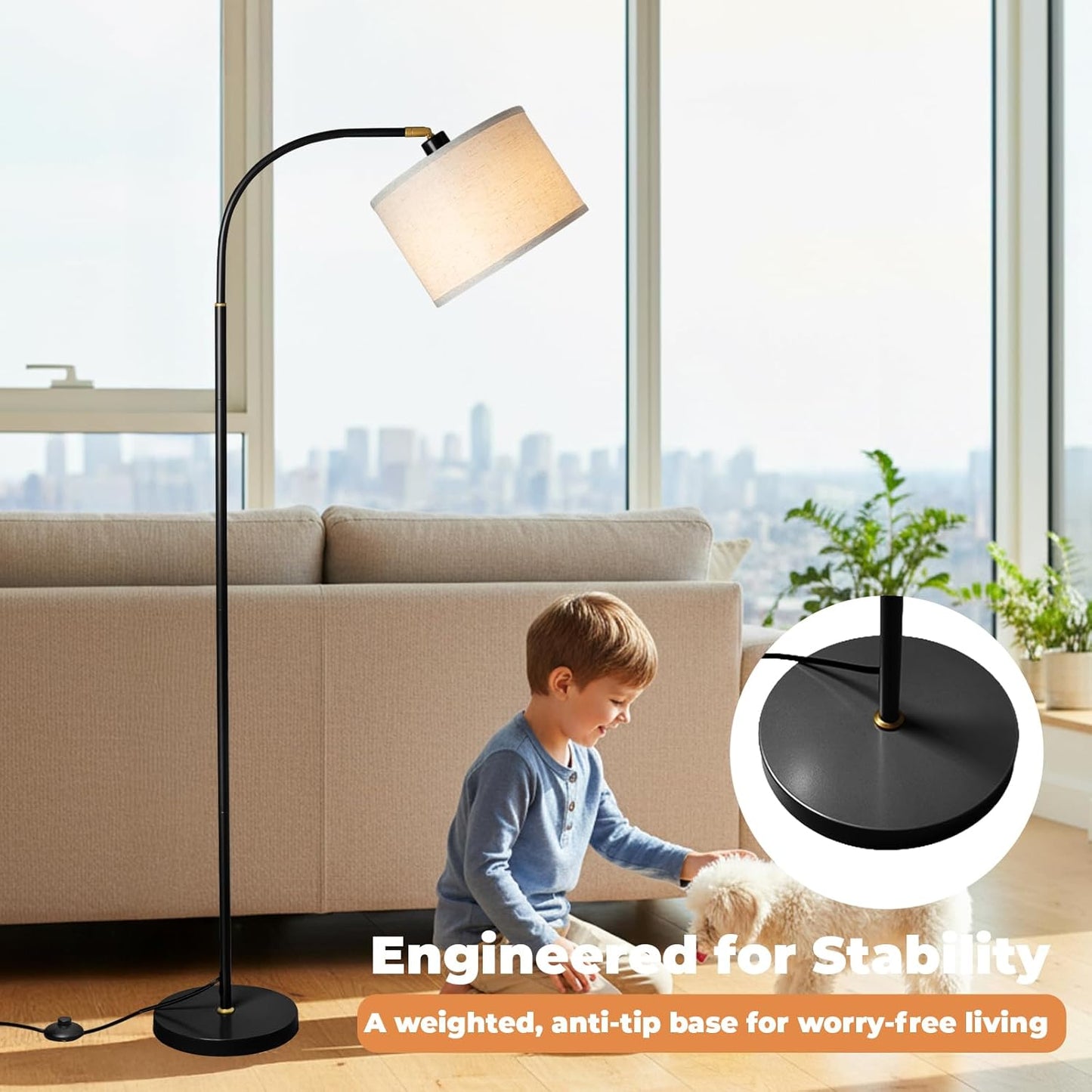Arc Floor Lamps for Living Room, Modern Standing Lamp with Remote Dimmable Floor Lamp with Linen Shade, Tall Lamp for Bedroom Office Dining Room (Black)