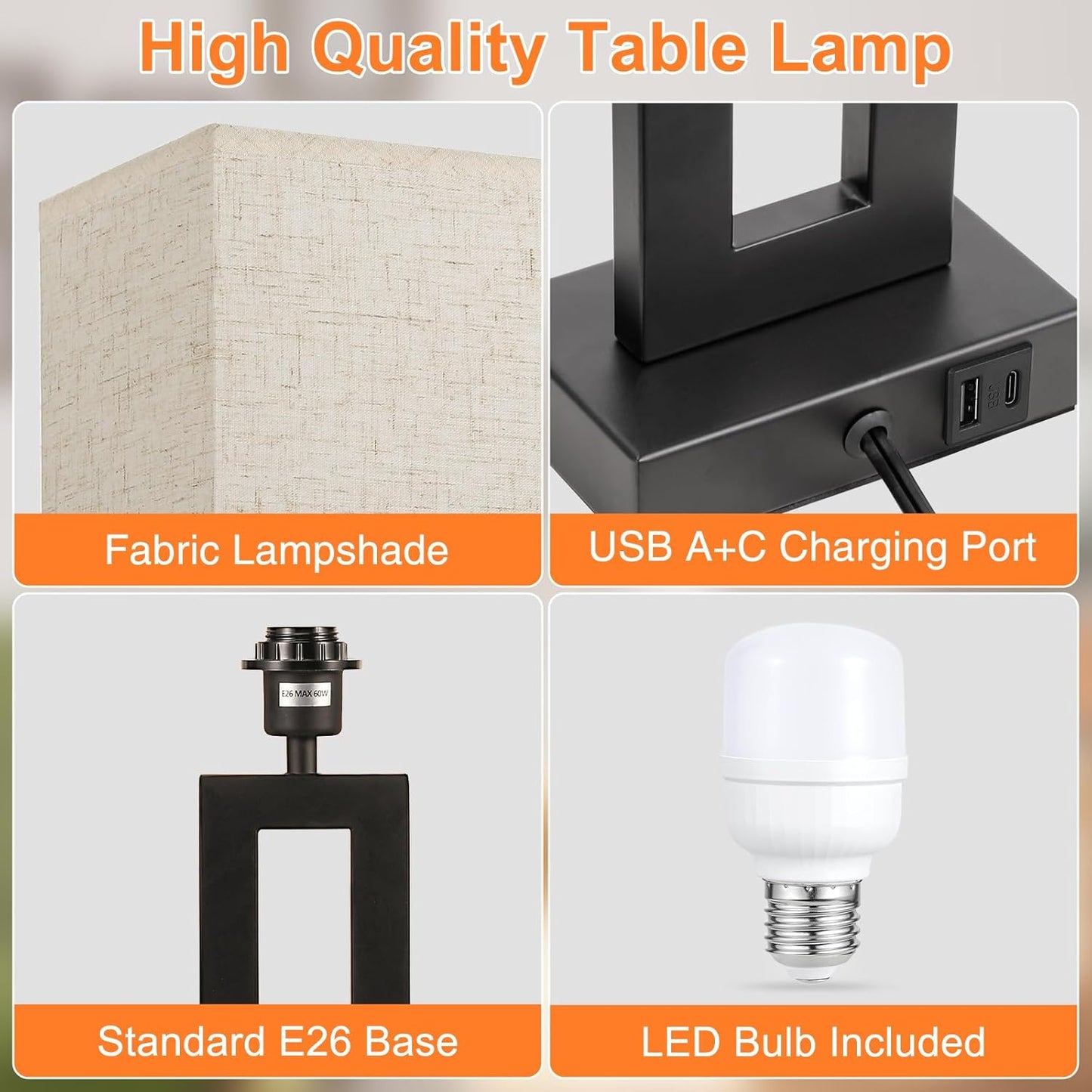 Seealle 22" Tall Living Room Lamps for Night Stands - Touch Bedside Lamp with USB C+A, 3 Way Dimmable Bedroom Lamps for End Tables Set of 2, Modern Night Stand Lamps for Bed Side(Cream&Black)
