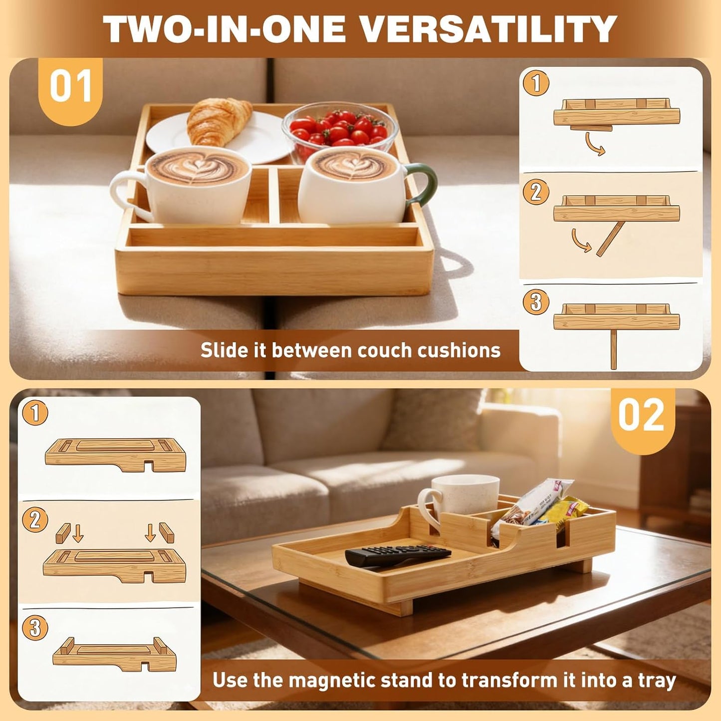 Couch Tray Insert for Middle, Bamboo 15.4″x9.7″ Sofa Cup Holder Between Cushions, 2-in-1 Fold-Flat Couch Arm Tray Table, Fits Armless Couch Sectional, Drink Snack Remote Organizer