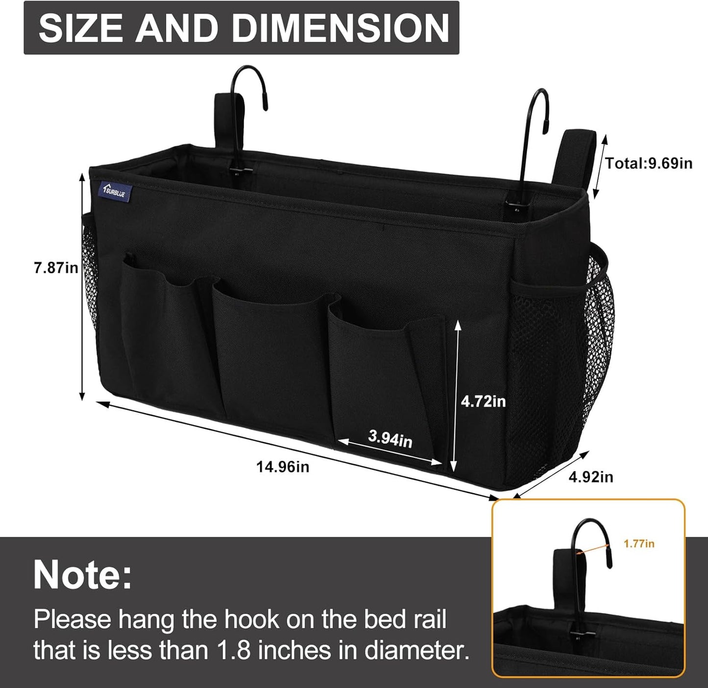Surblue Bedside Organizer with Hook Bedside Caddy Hanging Storage Bag with Adjustable Strap and Water Bottle Holder for Home College Dorm Bunk Bed Accessories, Crib Bed Rail, Hospital Bed, Black, 2PCS