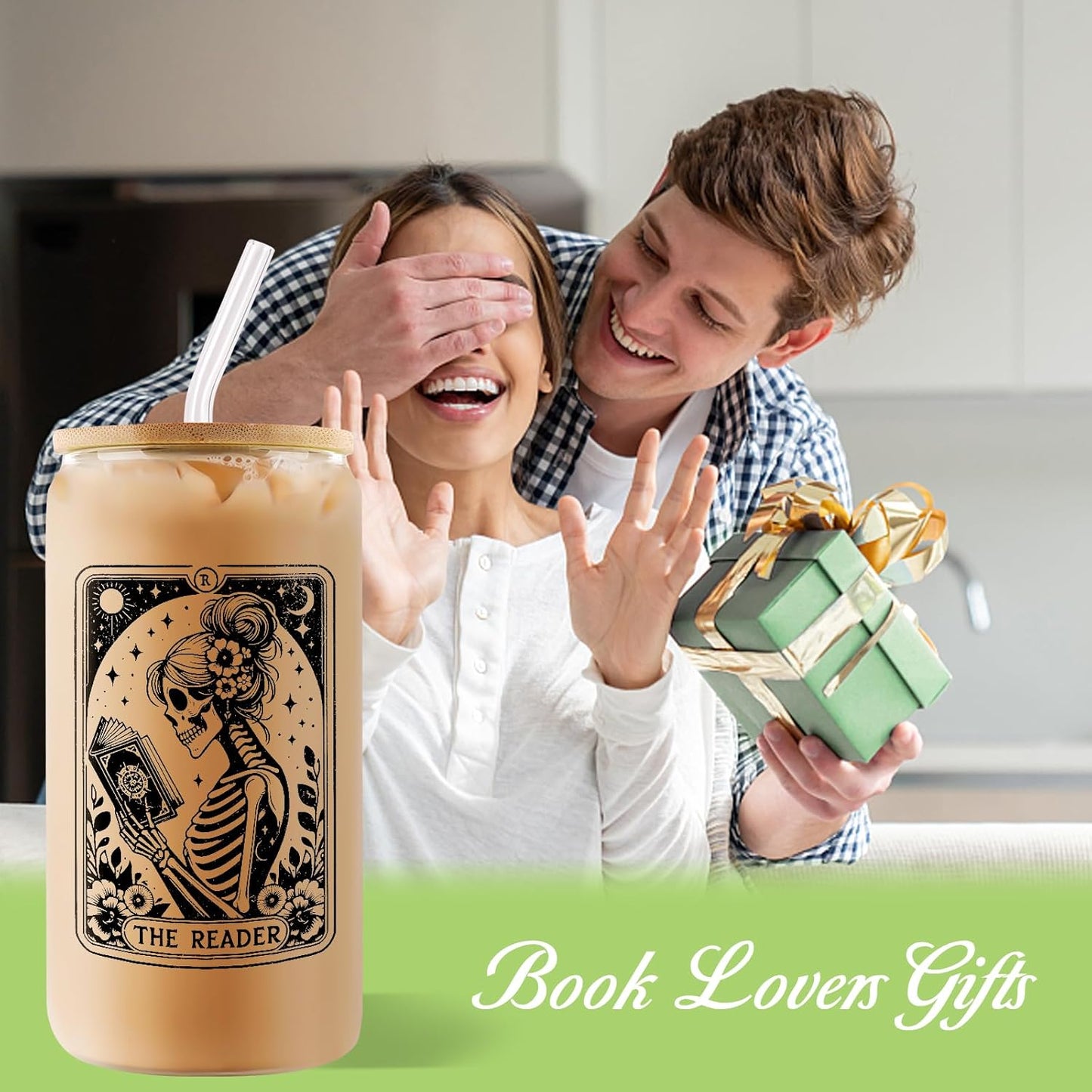 Book Lovers Gifts Ideas, 16oz Cute Glass Cups with Lids and Straws, Bookish Reading Gifts for Book Lovers Women, Readers, Bookworm, Librarian, Teacher - Coffee Tumbler, Reading Accessories