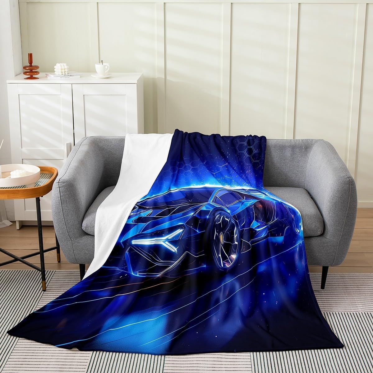 Feelyou Kids Race Car Flannel Fleece Throw Blanket Throw 50"x60" Blue Luxury Speed Car Fuzzy Blanket for Sofa Couch Extreme Sports All Season Bed Blanket Plush Blanket