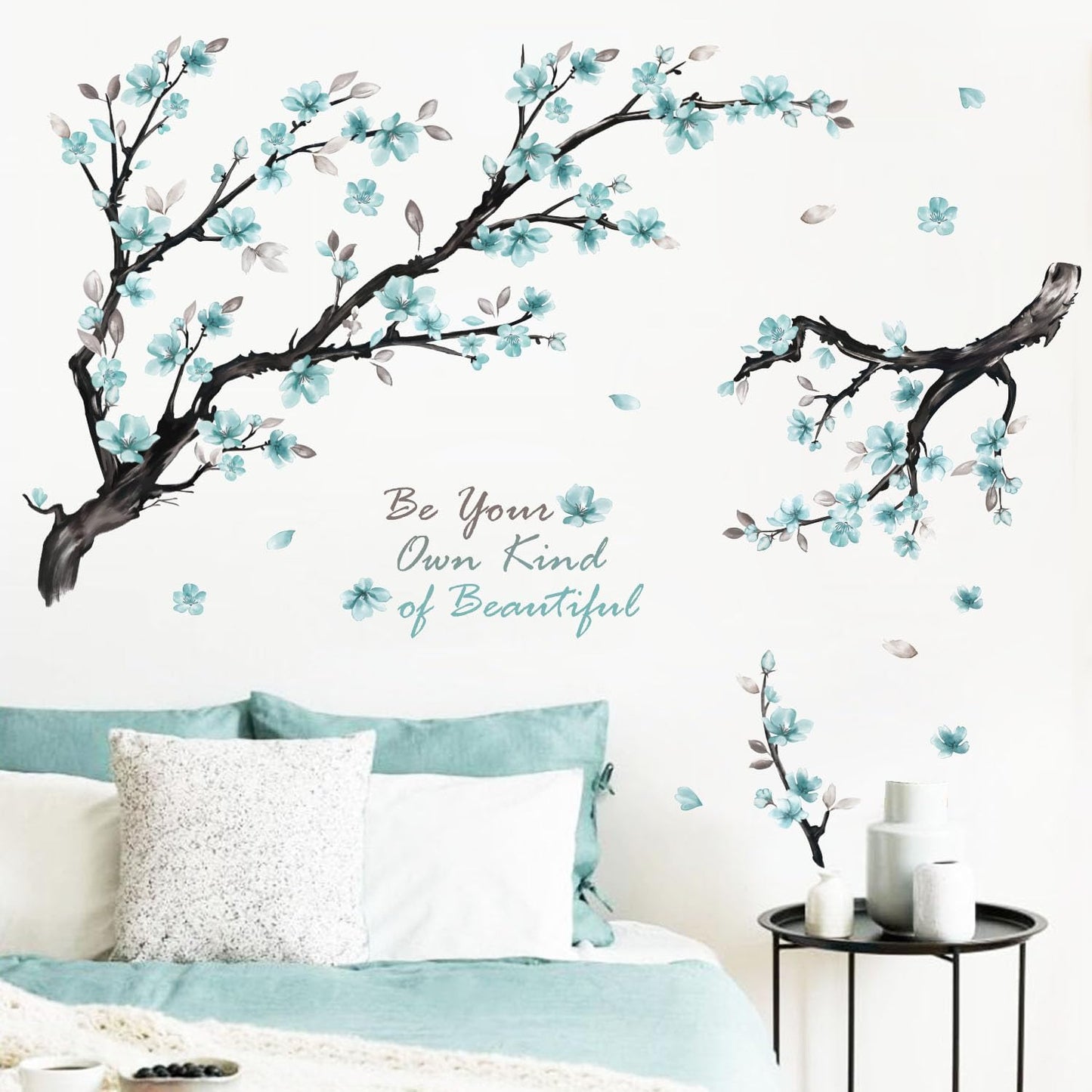 Blue Flowers Wall Stickers,Watercolor Flower Branch Wall Decals for Living Room Bedroom TV Background Office Bathroom