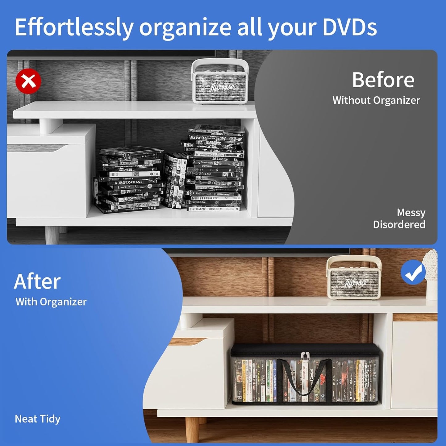 DVD Storage Bags, Media Organizer Bags for DVDs, CDs, Blu Ray Disc, Movie Cases, VHS Box, Video Game Disks, Albums, Books, Clear Plastic Holders with Carrying Handles (Black, 4Pack)