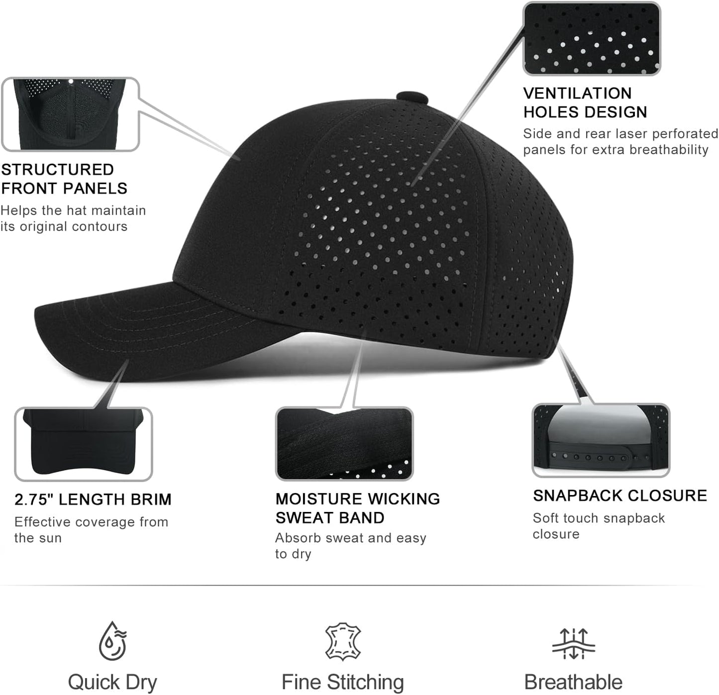 VOBOOM Men Quick Dry Baseball Cap Laser Cut Mesh Ball Curved Brim Snapback Hat