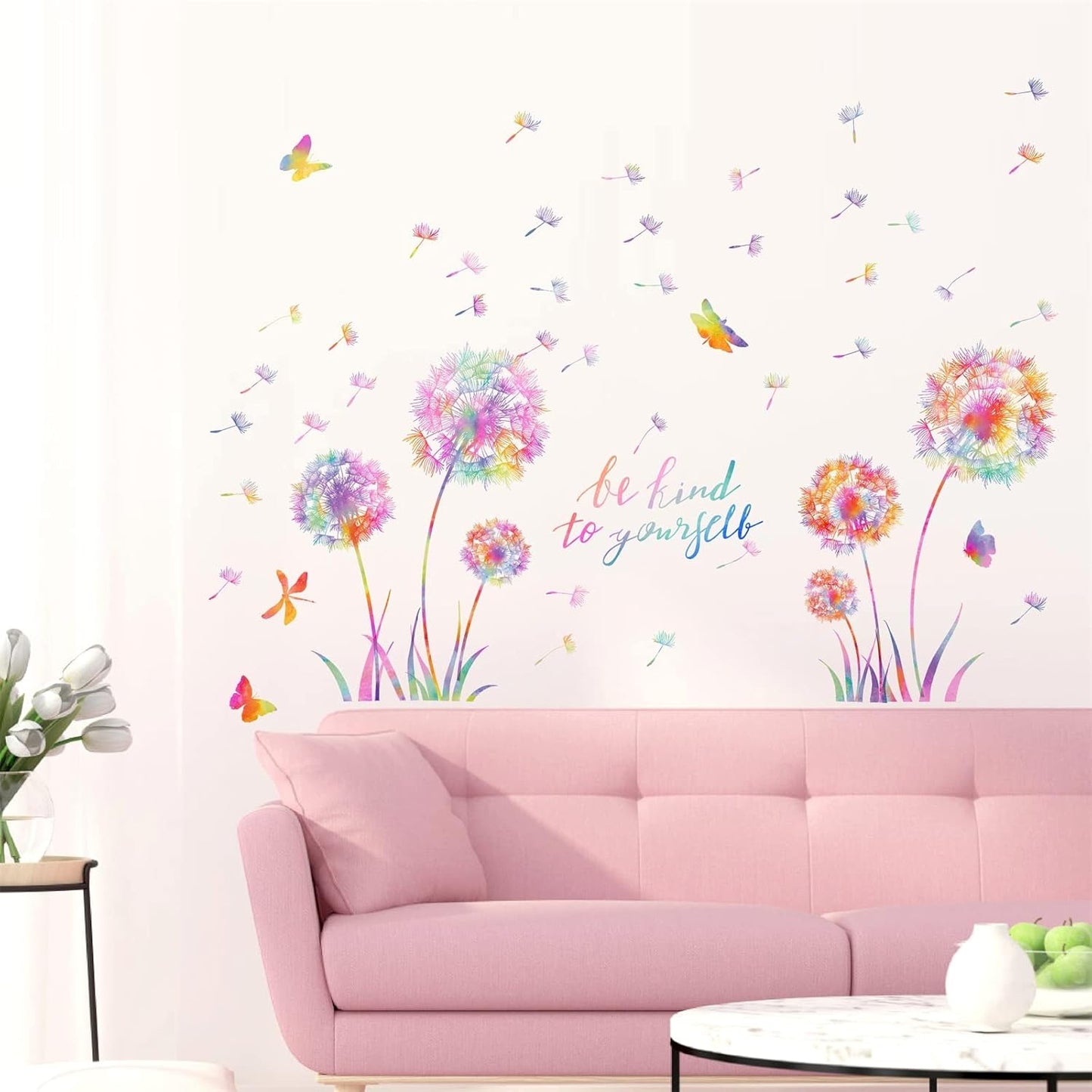 Large Dandelion Wall Decals Colorful Flower Wall Decals Peel and Sticks Wall Art Sticker Floral Butterflies Dragonfly Wall Murals Sticker Inspirational Wall Stickers for Girl Bedroom Living Room Decor