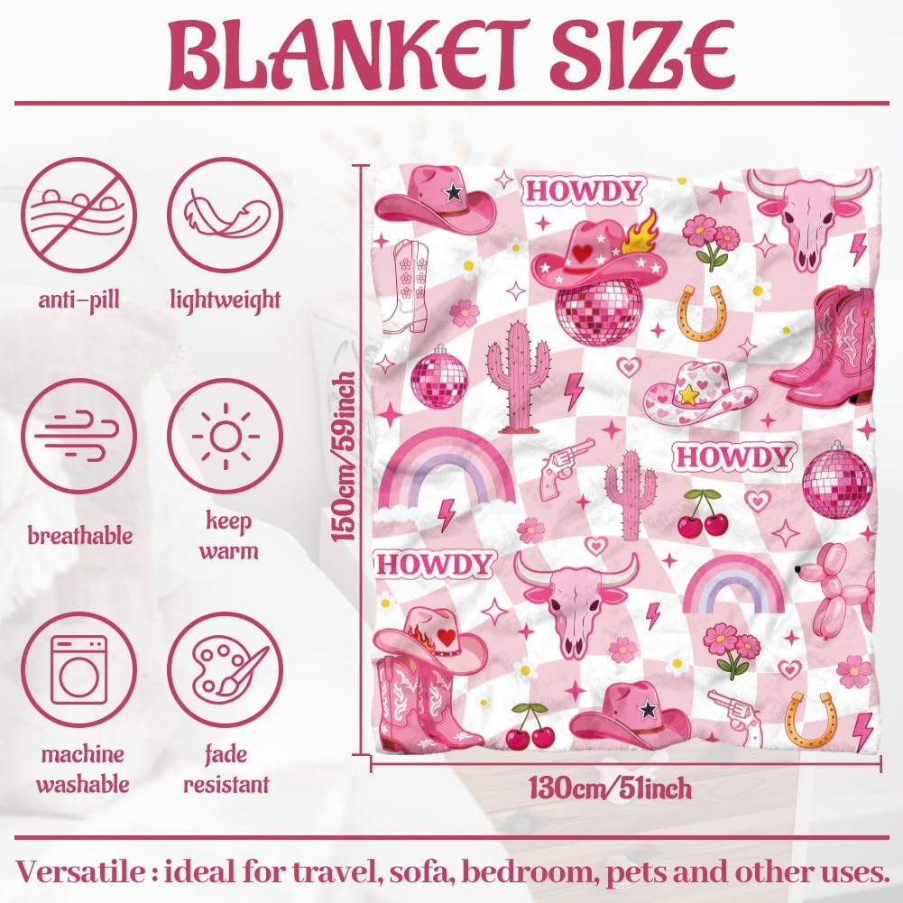 WADORN Western Cowgirl Throw Blanket, Hot Pink Funky Groovy Blankets Gifts for Women Cowboy Hat Boots Fuzzy Soft Flannel Fleece Blanket for Bedroom Holiday Home Living Room Sofa Bed Couch, 50''x60''
