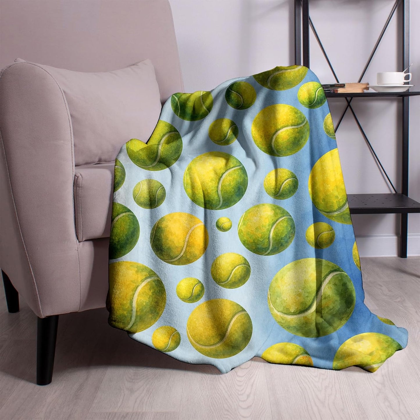 Tennis Ball Blanket Throw 50x60 Soft Flannel Fleece - Watercolor Blue Pattern Cozy Sofa Bed Dorm Decor - Gift for Player Coach, Senior Night Team Present for Women Men Girls