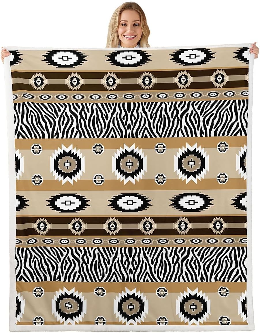Feelyou Boho Southwestern Aztec Sherpa Throw Blanket for Couch Rustic Western Exotic Tribal Super Soft Cozy Fleece Zebra Print Blanket for Winter, Plush Throw Baby 30"x40" All Season