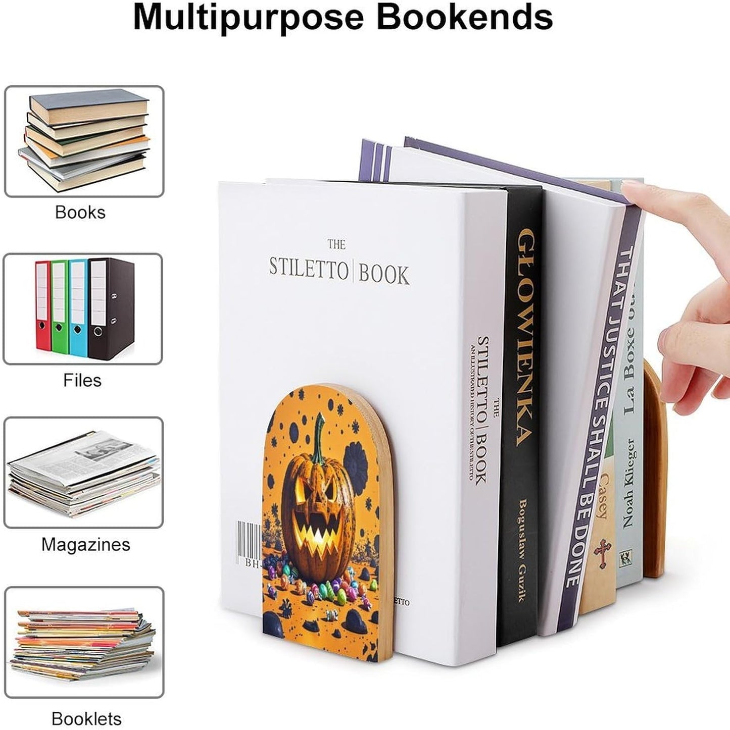 Halloween Pumpkin Monster Bookends 1 Pair Heavy Duty Book Ends for Shelves Non-Skid Bookend Supports Wooden Book Holders with Metal Base Desk Organizers Books Storage to Hold Books