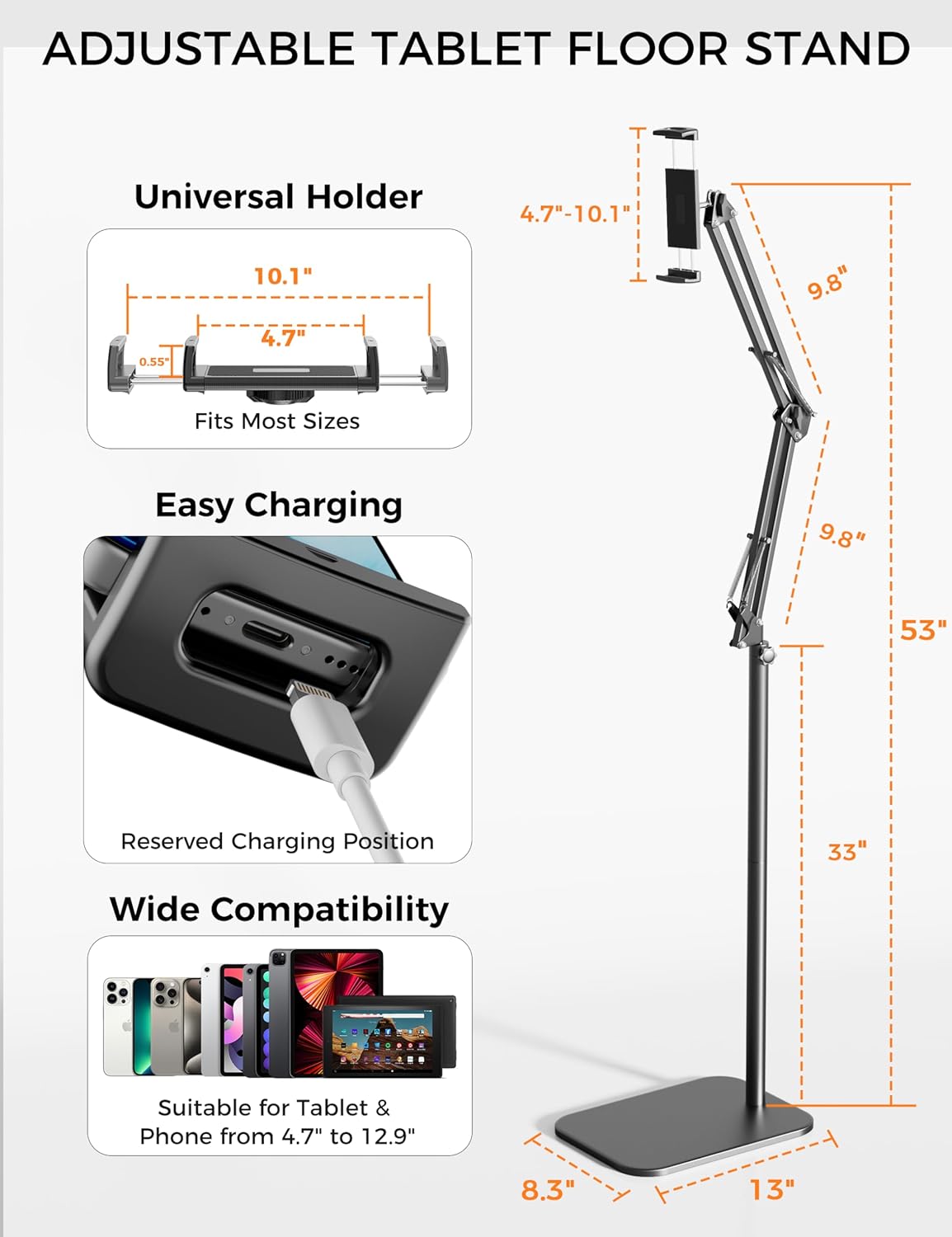 Tablet Floor Stand, 360-degree Rotatable Metal Tablet Stand Holder, Adjustable Kindle Holder, Universal Phone Stand for iPad/iPhoneX/iPad Pro or Other 4.7~12.9 Inch-Screen Devices (Black)