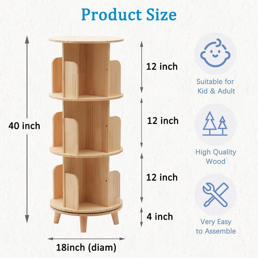 Gdrasuya10 3 Tier Rotating Bookshelf with Legs, Revolving Bookcase Floor Standing Book Shelf 360 Display Bookcase Round Bookshelf Corner Book Shelf Easy Assemble for Bedroom