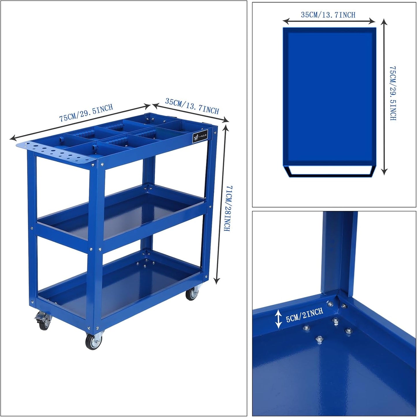 3 Tier Large Capacity Tool Cart, 330 lbs Tool Trolley with Adjustable Dividers, Lockable Wheels & Handle for Garden Warehouse Garage Workshops Blue One Size