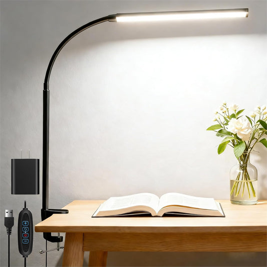 LED Desk Lamp with Clamp Clip on Reading Light Dimmable USB Small Clamp Lamp with 3 Color Modes 10 Brightness, Adjustable Flexible Gooseneck Workbench Light for Bed Headboard, Nail, Computer