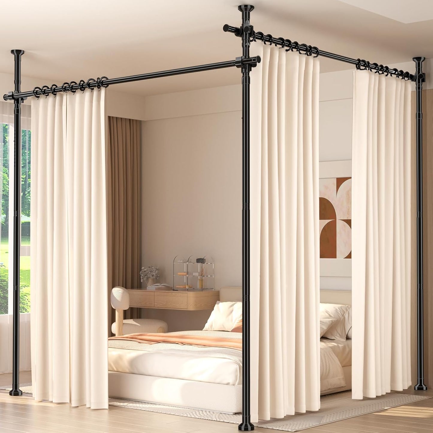 Room Divider for Room Separation,4-10ft(H) 28-140inch(W) Adjustable Temporary Privacy Wall Divider, Tension Curtain Rods No Drilling, Heavy Duty Partition Space Separator Freestanding,Black