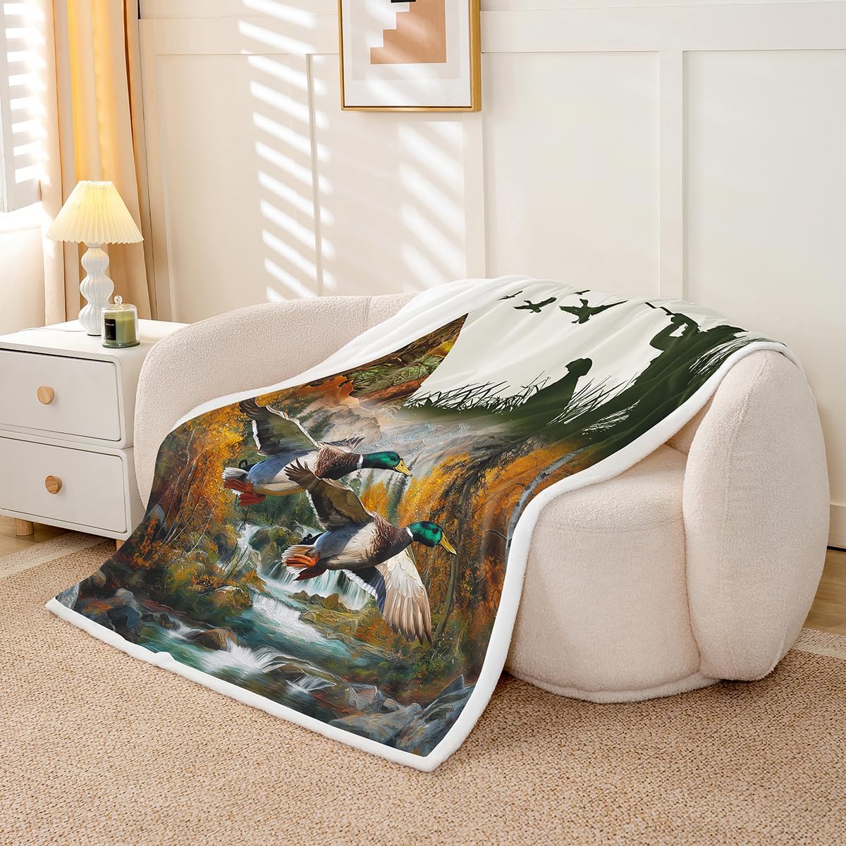 Erosebridal Duck Hunting Throw Blanket - Wild Animal Mallard Theme Fleece 50"x60" - Dog Hunter Wildlife Flying Fuzzy Sherpa for Rustic Farmhouse