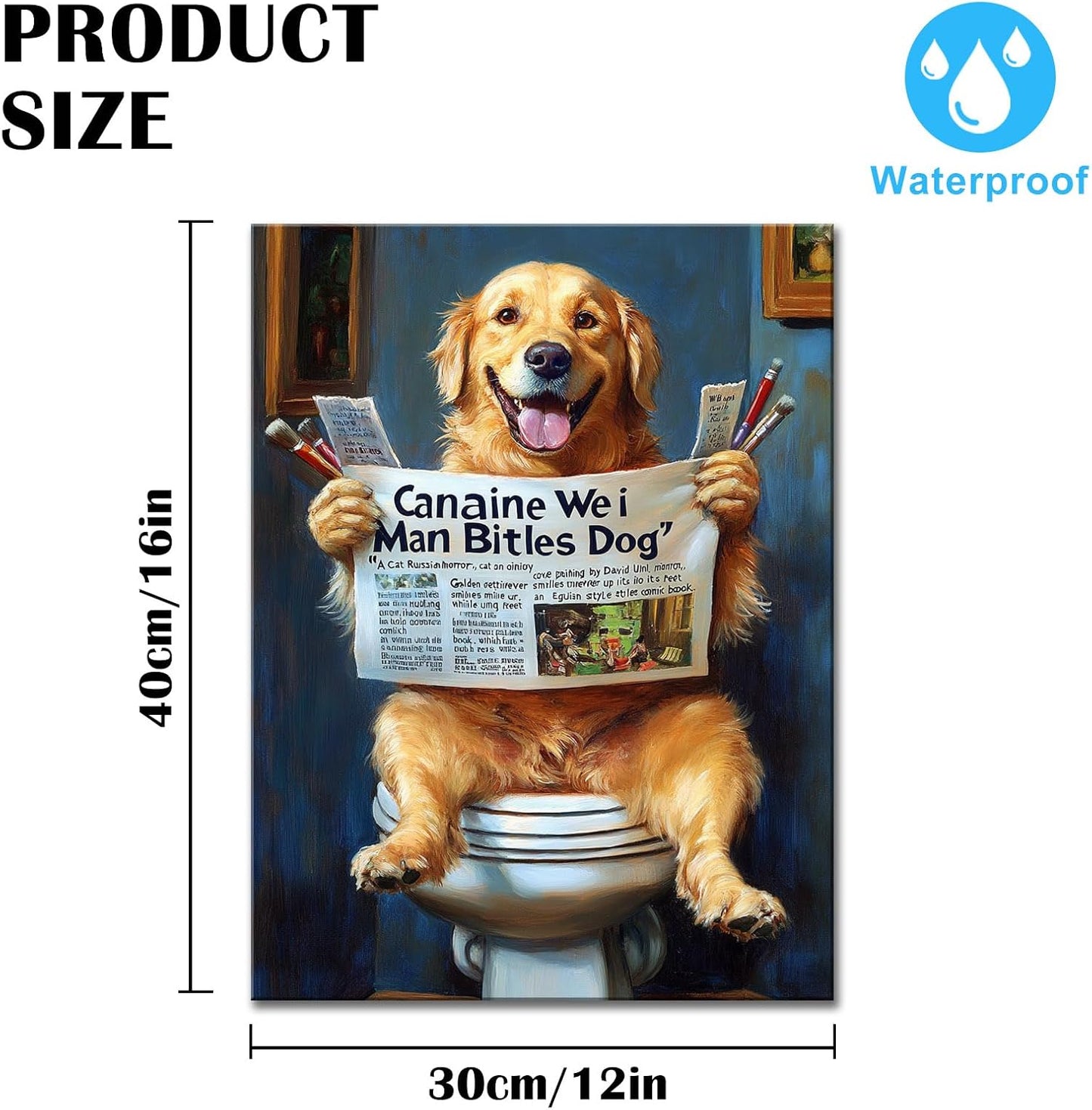 DEORAIO Golden Retriever Reading Newspaper on Toilet Wall Art Funny Pet Picture Bathroom Decor Modern Home Humor Framed Ready to Hang 12x16 inches