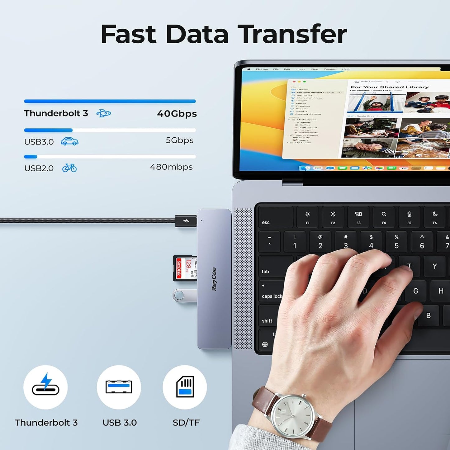 USB C Adapter HDMI Hub for MacBook Pro/Air M1 M2 2023 2022 2021 13"15"16", RayCue USB C to HDMI Mac Accessories Multiport Dongle with 4K HDMI, Thunderbolt 3, 3 USB A 3.0 Data Ports, SD&TF Card Reader
