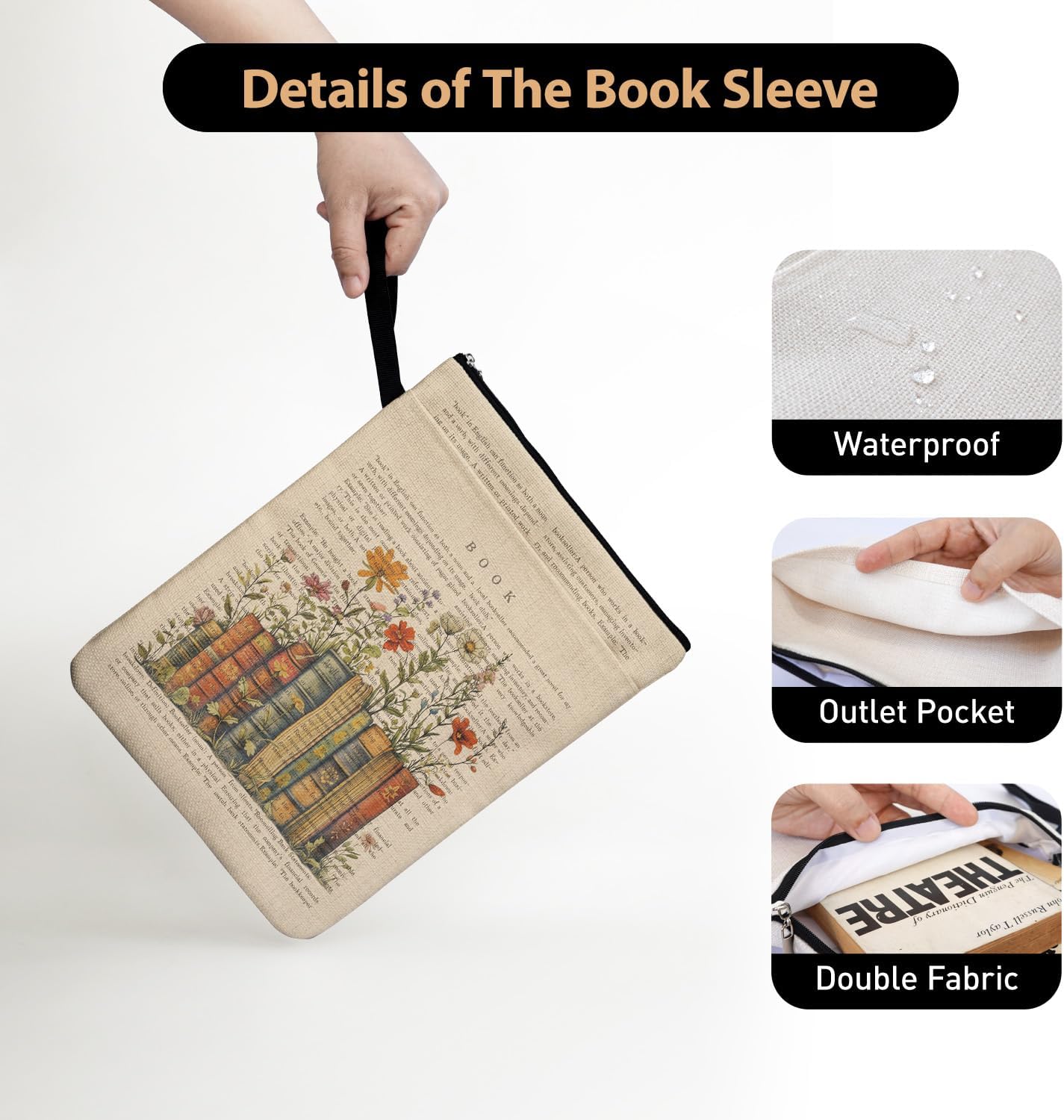 Bookish Flower Blossoms Book Sleeve Pouch, Book Lovers Gifts Book Covers Protector for Paperbacks with Handle for Reader Bookworm, Book Club Gifts for Chritsmas, Reading Accessories for Student