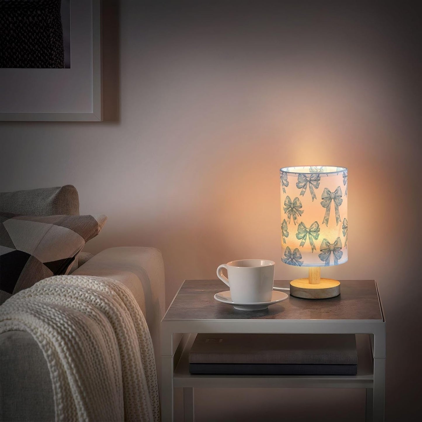 Bedside Table Lamp Blue Bows Printed Nightstand Lamp with Wood Desk Lamps for Bedroom Living Room Nursery Office Home Decor