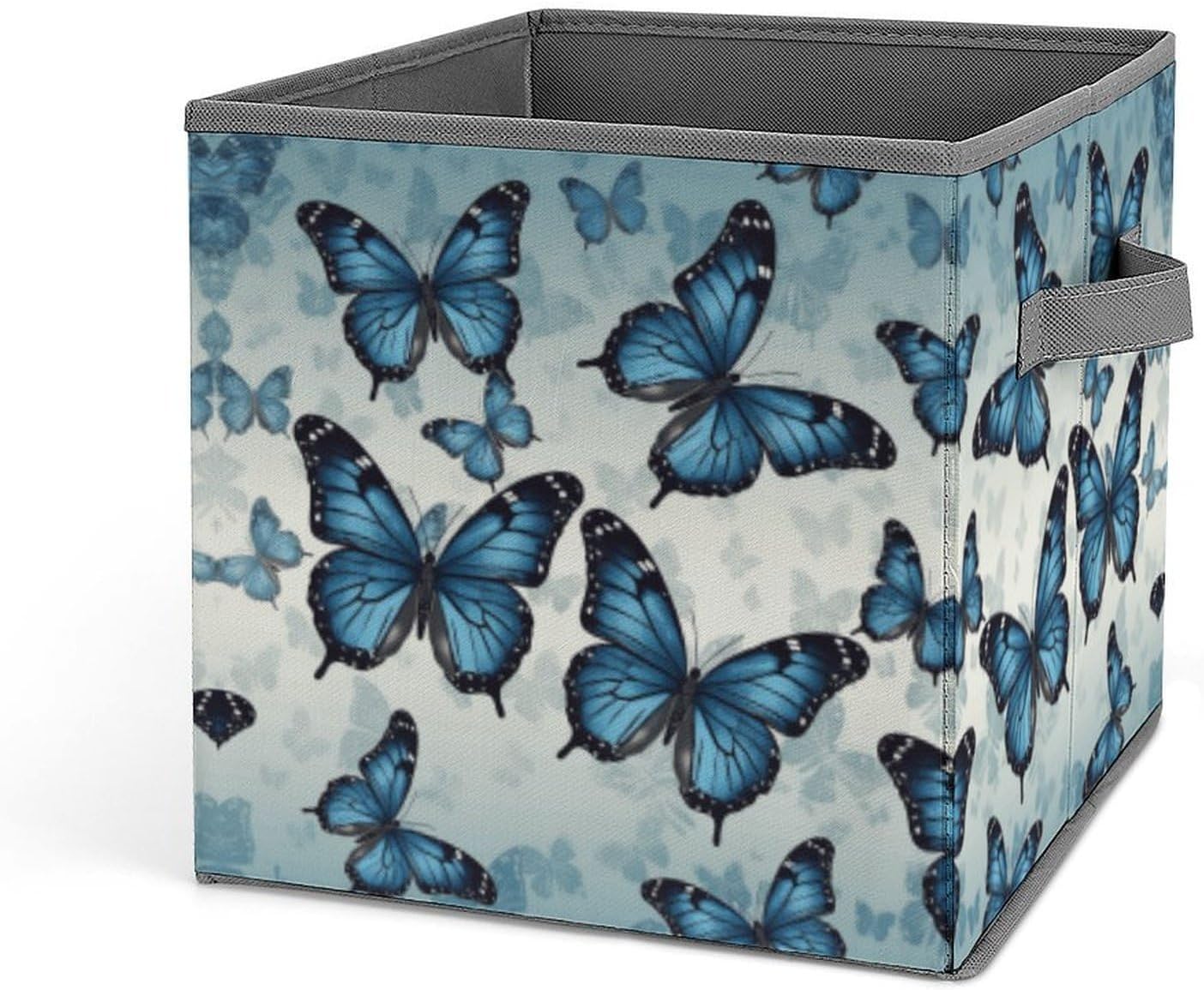Blue Butterfly Storage Bins with Handles Fashion Large Storage Cubes Sturdy Foldable Storage Boxes Space-Saving Storage Baskets for Home Office Clothes Closet Organizers
