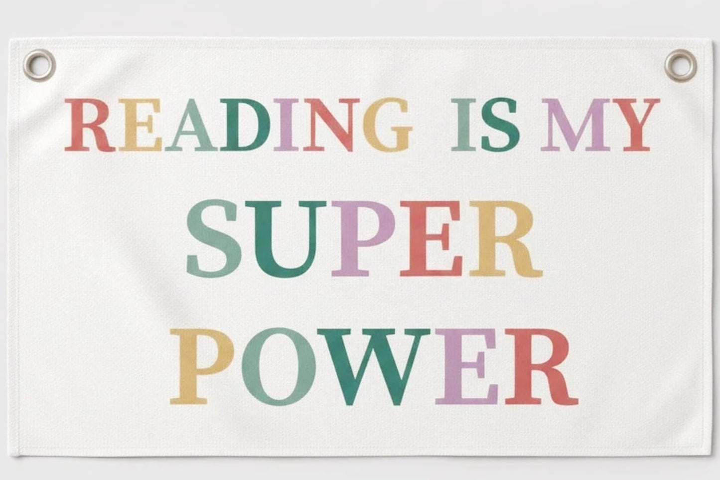 Canvas Wall Hanging Banner Decor (30"L x 20"W), "READING IS MY SUPER POWER" Inspirational Quote Fabric Sign, Boho Minimalist Wall Art with Metal Grommets for Library, Classroom & Reading Nook