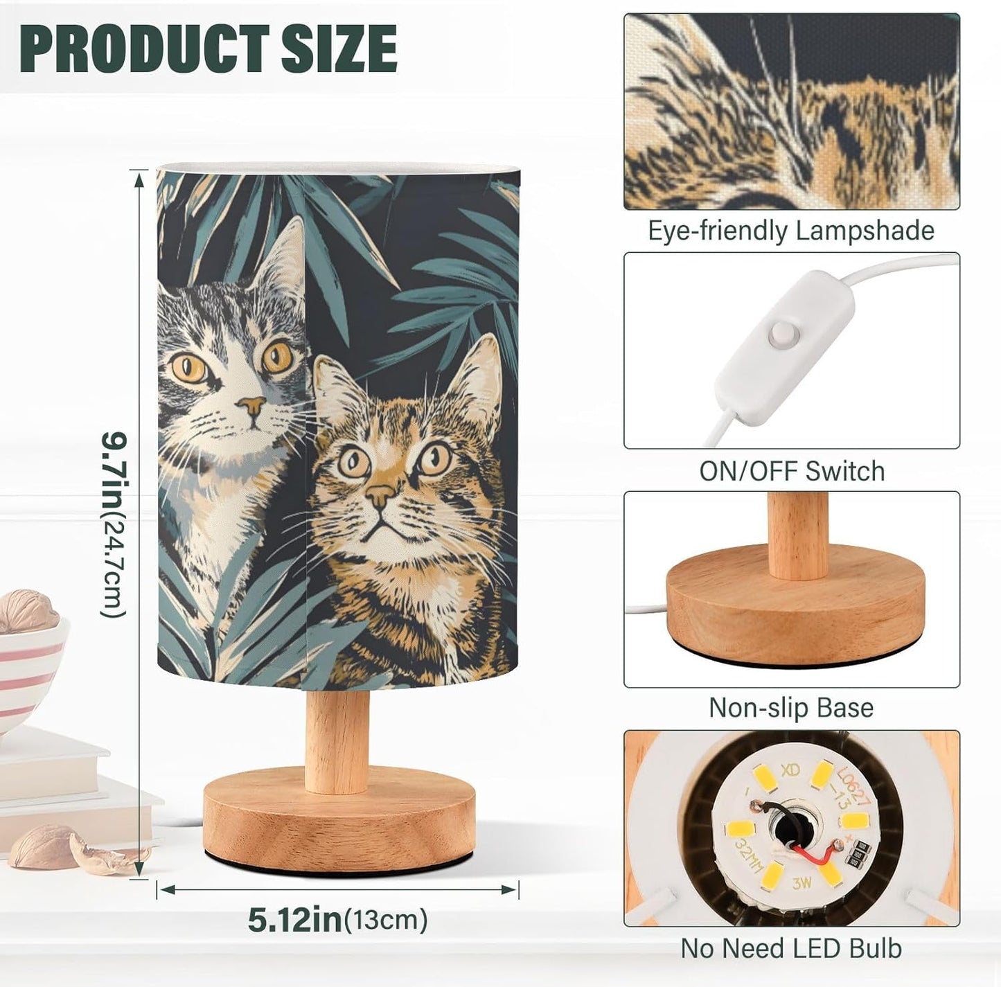 Couple Cat Bedside Table Lamp for Bedroom, Minimalist Nightstand Lamp with Round Fabric Shade for Living Room, Office, No Bulb Required