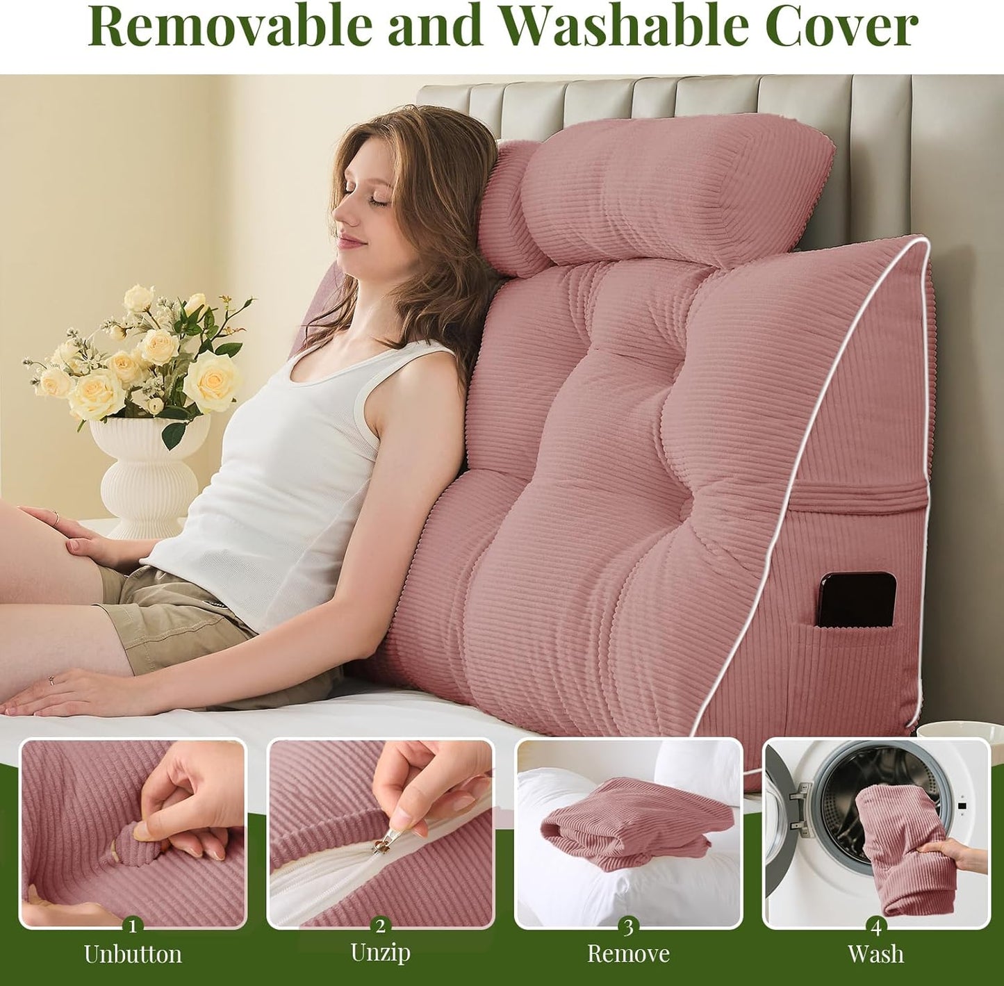 Sasttie Headboard Pillow Full, Wedge Pillow Headboard for Bed Sitting Up, Back Support Pillows for Reading, Sitting or Working with Detachable 2 Pack Neck Bloster Pillows, Pink