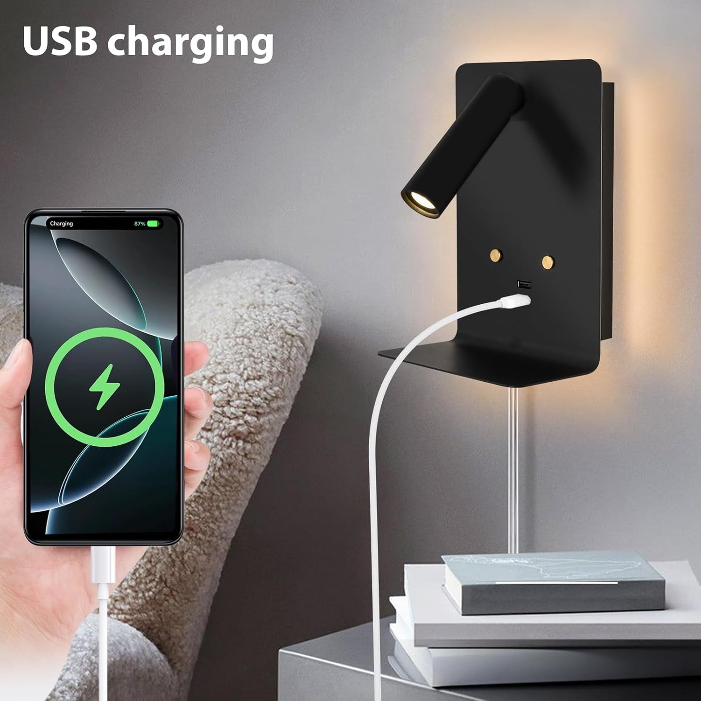 ZEROUNO LED Dimmable Wall Mounted Reading Light, Backlight Night Wall Lamp, Adjustable Headboard Plug in Wall Sconce with USB C+A Ports, LED Reading Light for Bedroom Bedside Lamps