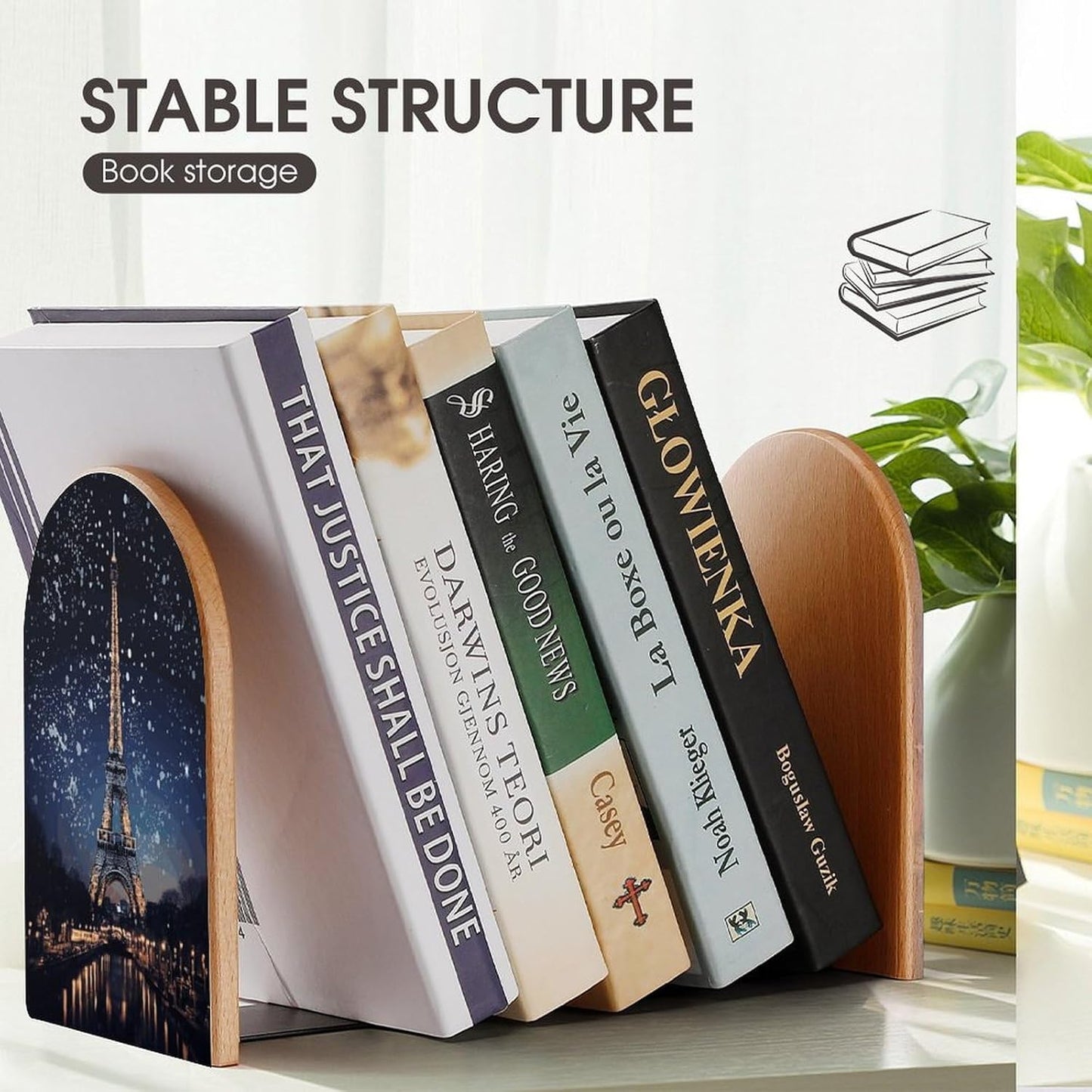 Night Paris Eiffel Tower Bookend for Shelves Wooden Book End Large Size Sturdy Book Holders Stoppers with Metal Base for Bookshelves Slick Decorative Bookends Stands