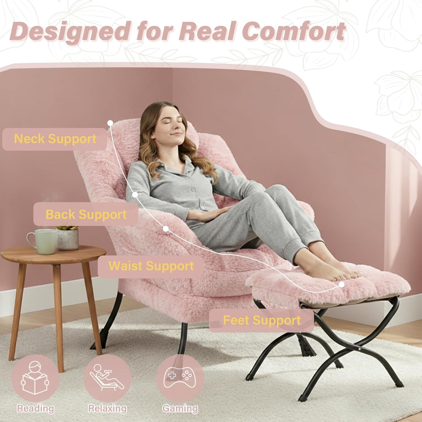Lazy Chair and Ottoman, Large Contemporary Plush Pink Accent Chair with Side Pocket, Modern Leisure Upholstered Reading Armchair with Footrest for Office, Bedroom, Living Room, Dorm, Balcony