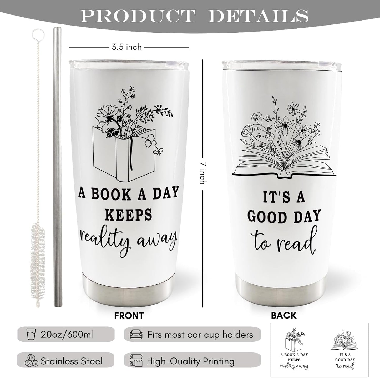 Reading Book 20oz Travel Coffee Mug Tumbler, Book Club Gifts for Readers Book Lovers Women, Bookworm Bookish Gifts, A Book a Day Water Stainless Steel Tumbler with Lid and Straw