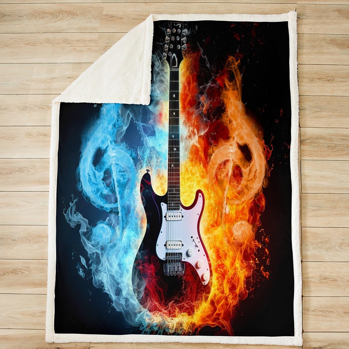 Guitar Fleece Throw Blanket Rock Music Themed Plush Blanket Fire and Water Musical Notes Sherpa Blanket Electric Guitar Instruments Print Fuzzy Blanket for Sofa Bed Couch, Room Decor Twin 60x80 Inch