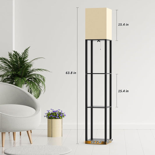 Floor Lamp with Solid Wood Shelves for Living Room, 3-Tier Shelf Standing Lamp with LED Bulb and Pull Chain Switch, Corner Display Bookshelf Lamp for Living Room and Bedroom(Black)
