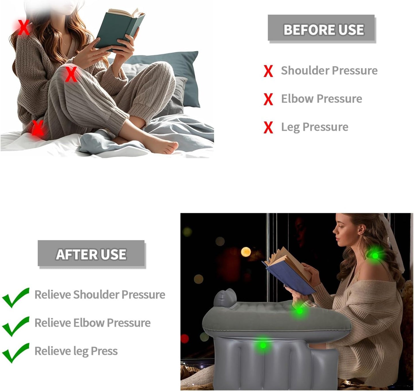 Nevife Inflatable Reading Pillow for Gaming,Laptop Pillow for Adult, Portable Inflatable Bed Pillow with Arm Rest for Adults Kids, Lap Desk for Laptop on Bed Couch, Travel Office Home Use