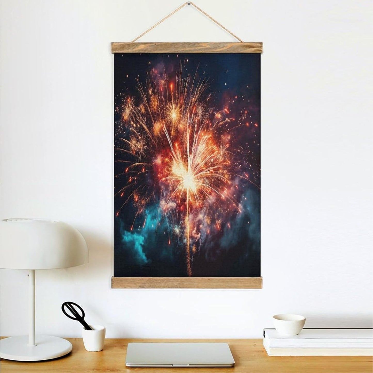 Vintage Explosion Firework Poster with Wooden Frame Personalized Linen Hanging Scroll Painting Rustic Wall Hanging Illustrative Modern Artwork Decor for Home Living Room Bedroom Office