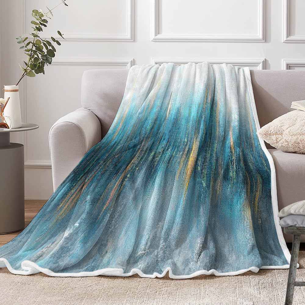Blue Throw Blanket, Light Blue Fleece Blankets, Turquoise Teal Gold Throw Blankets, Soft Plush Warm Throw for Couch, Bed,Outdoor, Camping Decor, Gifts for Wife, Women, Men, Kids
