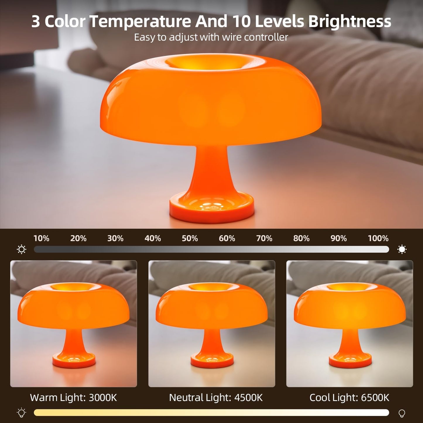 Orange Bedside Lamp for Bedroom Nightstand, Retro Mushroom Table Lamp with 3 Lighting Color and 10 Brightness Level, Desk Lamp for Reading Room/Office/Dorm(W11'' x H7.67'', USB Powered)