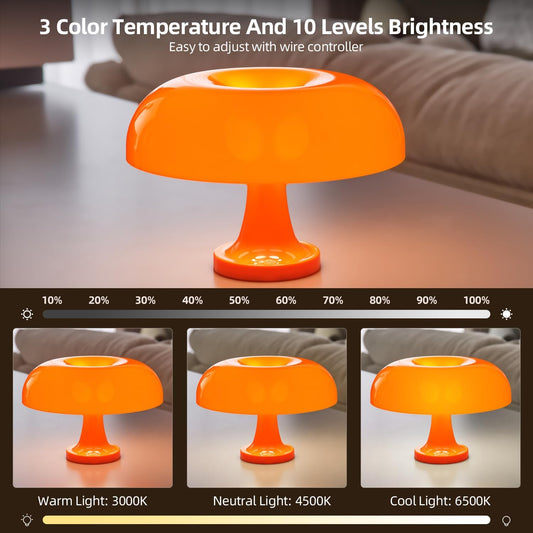 Orange Bedside Lamp for Bedroom Nightstand, Retro Mushroom Table Lamp with 3 Lighting Color and 10 Brightness Level, Desk Lamp for Reading Room/Office/Dorm(W11'' x H7.67'', USB Powered)