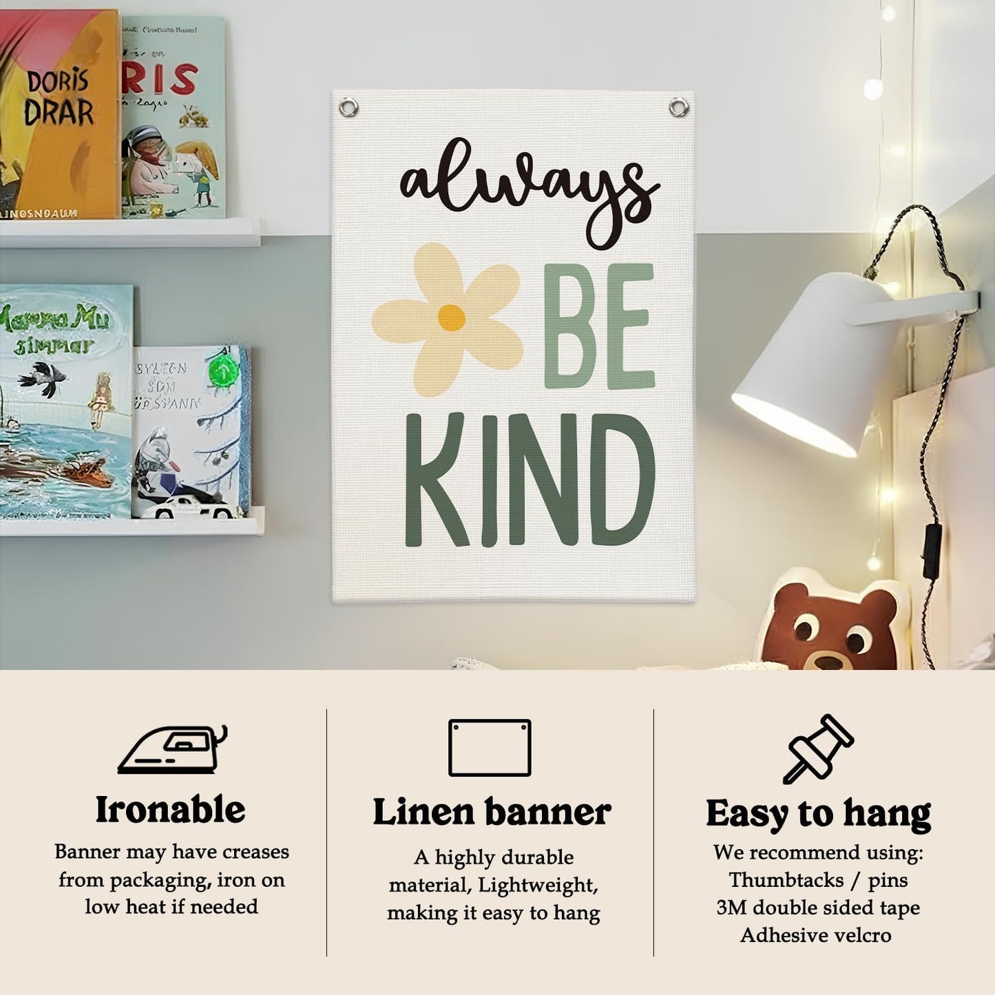 Always Be Kind Canvas Banner Wall Hanging,Boho Classroom Decor,Kids Playroom Poster Wall Decor Hanging Banner Flag for Boys Girls Toddler Nursery Room Bedroom Playroom Prints 18X25 Inch