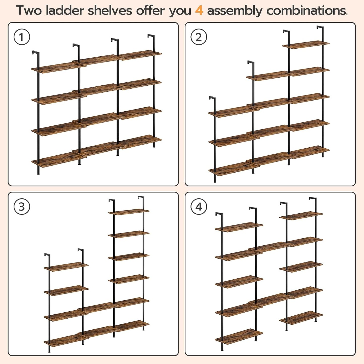 HOOBRO DIY Ladder Shelf, 6-Tier Wall Mounted Bookshelf, Office Vertical Bookcase, Wooden Storage Shelves for Home Office, Bedroom, Rustic Brown and Black BF65CJ01