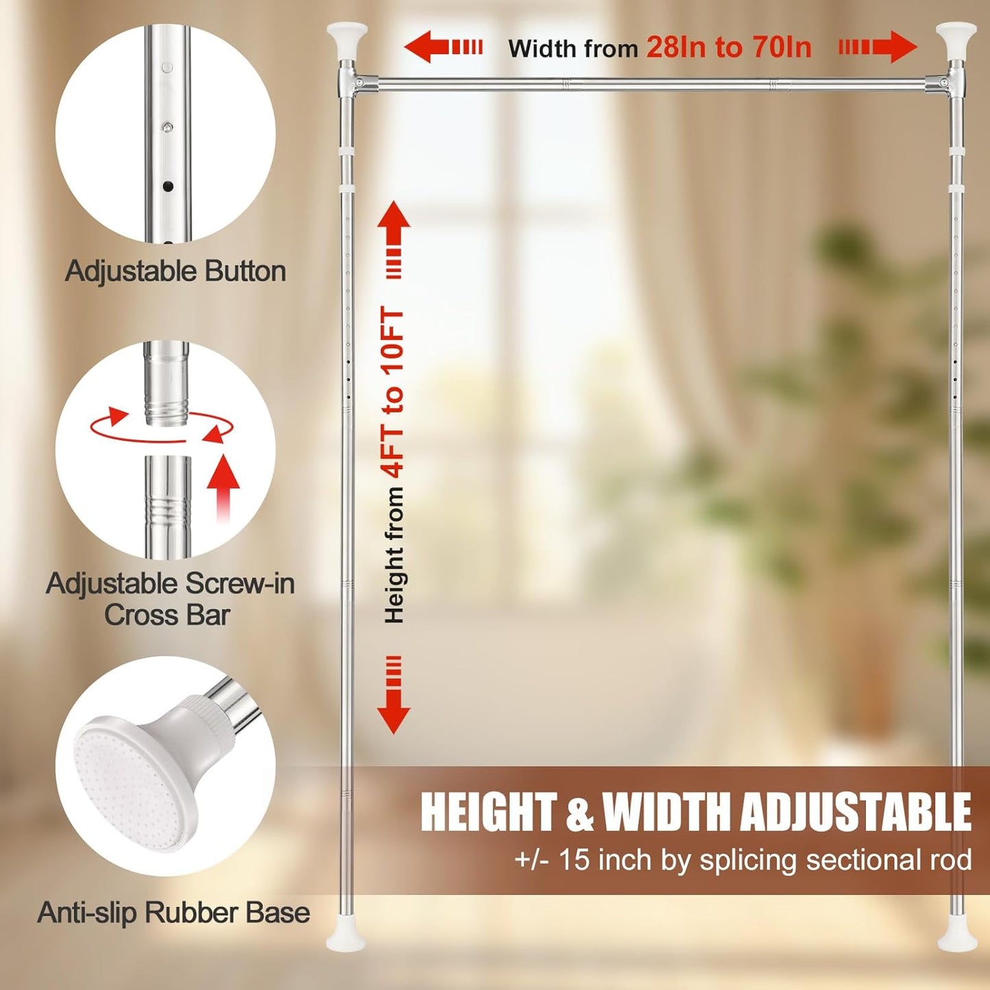 Room Divider Curtain Rod，No Drilling Curtain Rod Wall Divider for Room Separation, 4-10ft (H) 28-70inch(W) Adjustable Floor to Ceiling Portable Hanging Room Divders Partitions Space Separator Silver