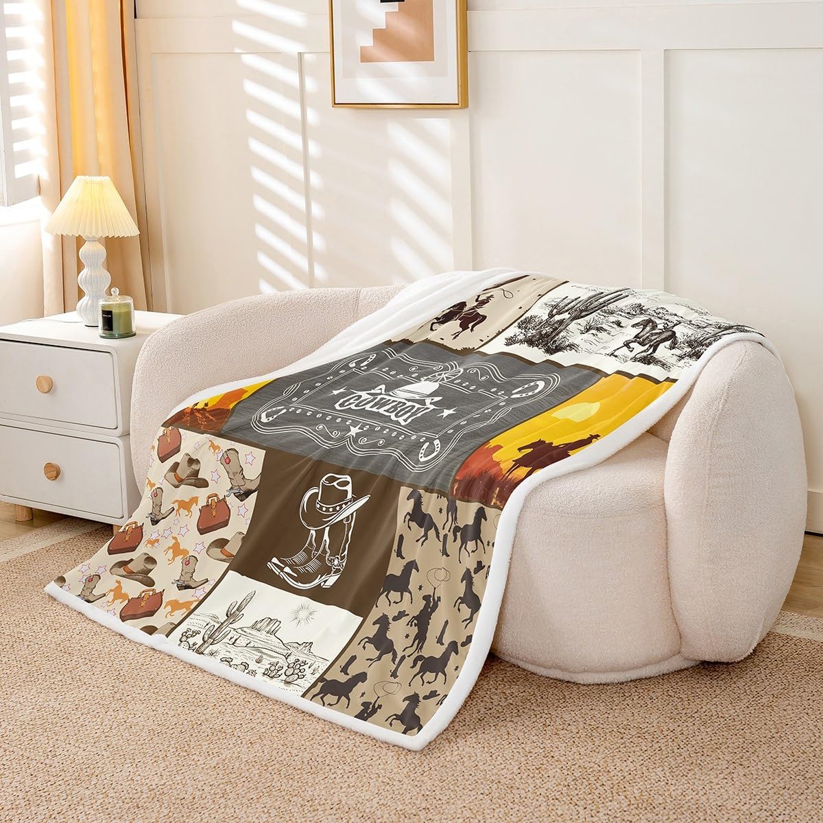 Western Cowboy Kids Throw Blanket,Cowboy Boots Horseshoe Farmhouse Bed Blanket for Boys Girls Adults,Cow Skull Cactus Rustic Fleece Blanket,Brown Retro Fuzzy Blanket,Throw Size (50 x 60 Inches)