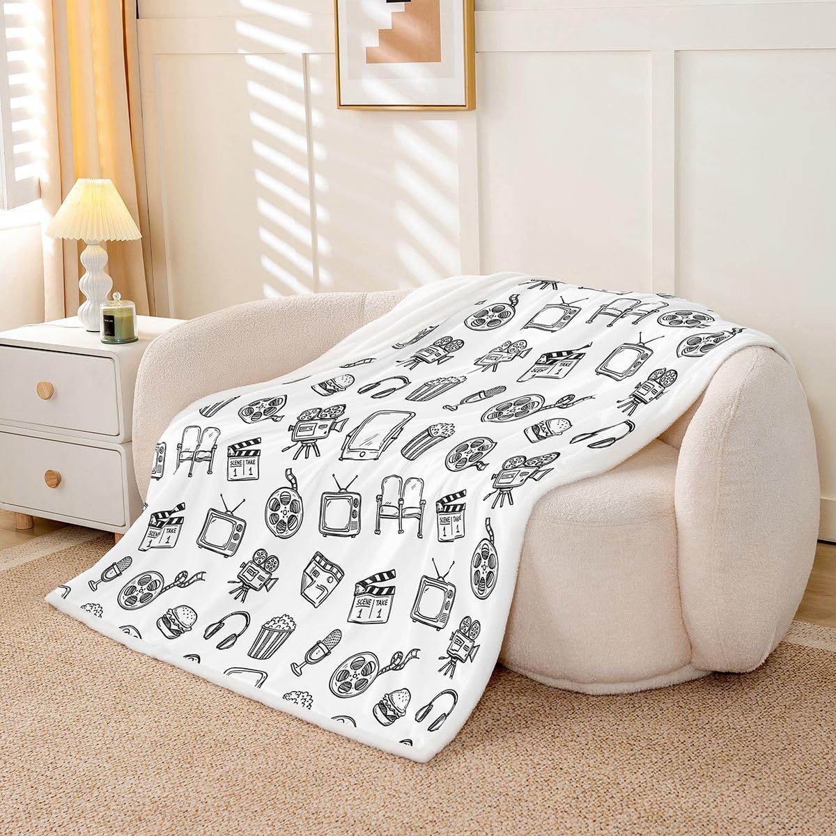 Feelyou Cinema Pattern Throw Blanket White Line Art Movie Soft Fleece Sherpa Cozy Fuzzy Plush Warm Retro Cinema Aesthetic Fuzzy Plush Throw Cute Movie Queen 90"x90" for Bed Couch Living Room