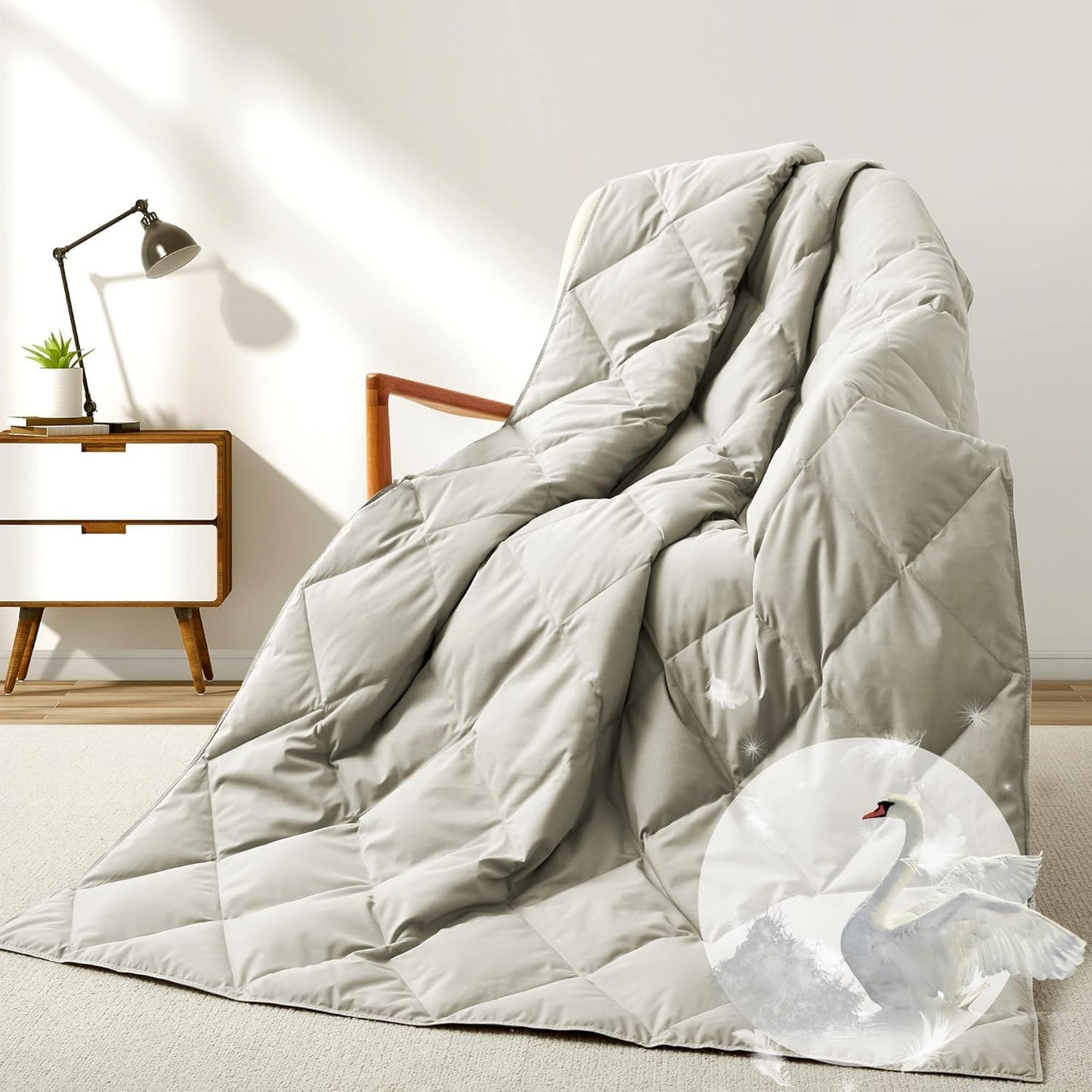 Deodar Natural Down Fiber Throw Blanket for Couch Bed Comforter Sofa Blanket Throw, Outdoor Lightweight Down Comforter Peach Skin Fabric 50"X70" Beige