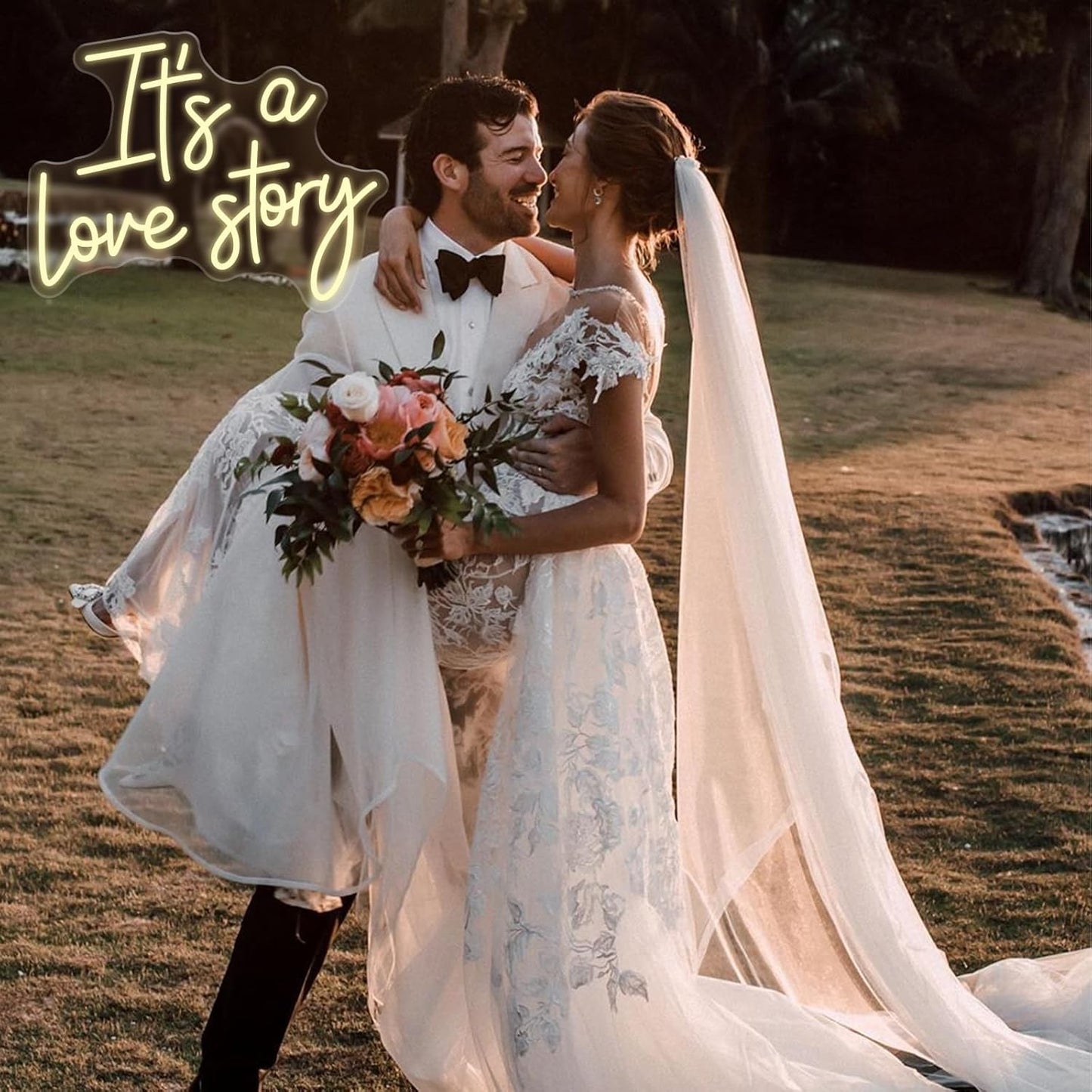 It's a Love Story Neon Signs for Wall Decor, 14.2 * 11 Inches Light Up Sign for Wedding, Engagement Decor,Dimmable Aesthetic Party Birthday Bedroom Bar Pub Club Wall Decor Decorations, INSNEnN